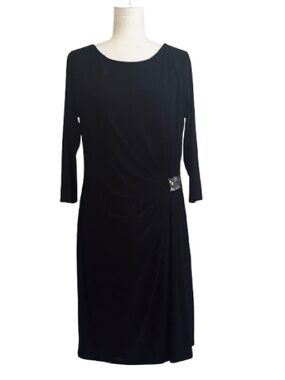 Evan Picone Black Long Sleeve Ruched Rhinestone Detail Cocktail Dress Size 14